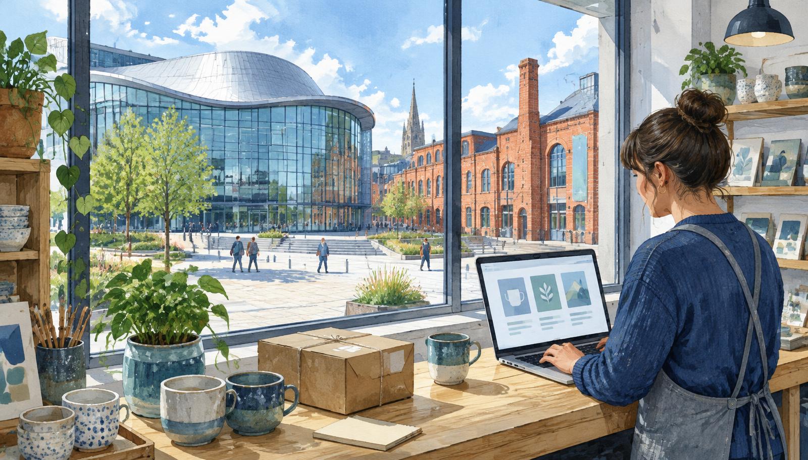 Artist's composite impression of a Leicester shop owner preparing a listing, with Curve-inspired Cultural Quarter architecture beyond
