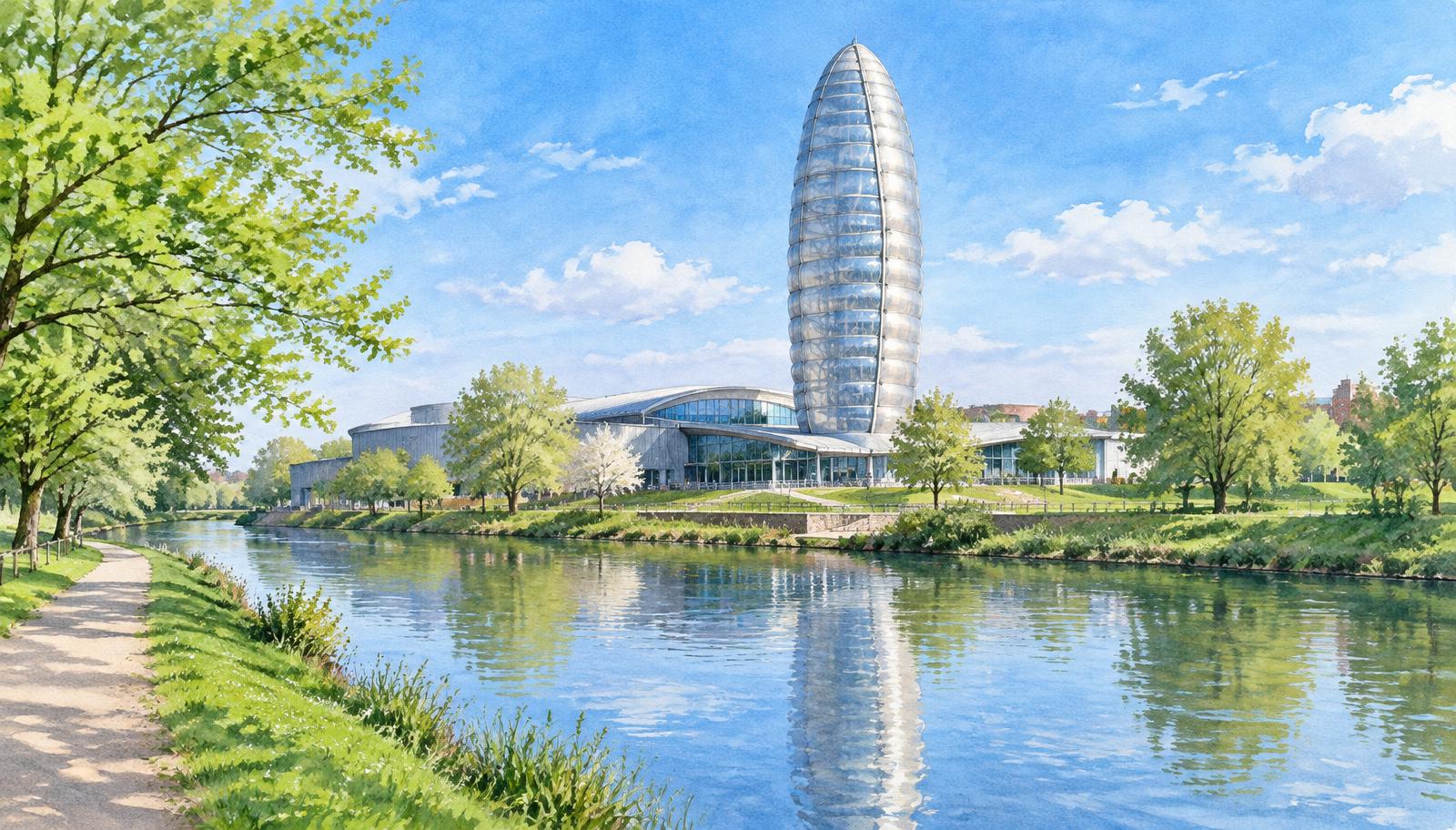 Artist's impression of the National Space Centre Rocket Tower beside the River Soar in Leicester